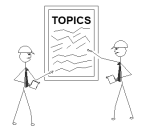 Stick Engineers looking at a wall chart titled Topics